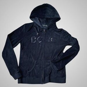 BCBG Max Azria Black Velour Zip Up Hoodie Sequin Logo Casual Comfort Size M